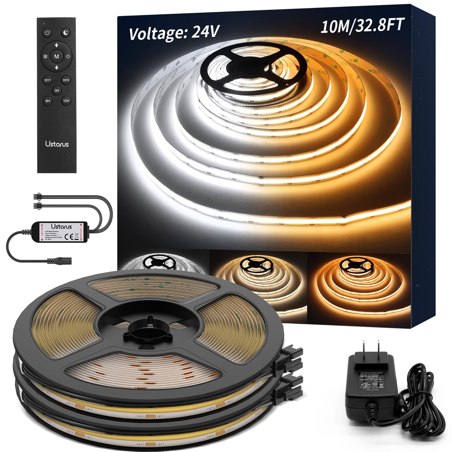 Ustarus COB LED Strip Lights White 32.8ft, Dimmable Tunable White 2700K-6500K, No Spot Continuous LED Light Strip, CRI93+, RF Remote, Flexible LED