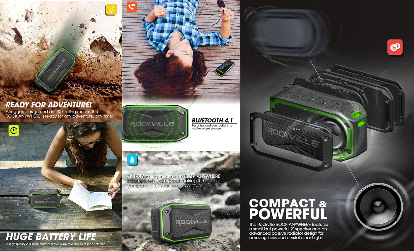 Rockville Portable Audio Bundle: (2) ROCK ANYWHERE Waterproof Bluetooth Speakers, TWS Stereo Linking, 2-items