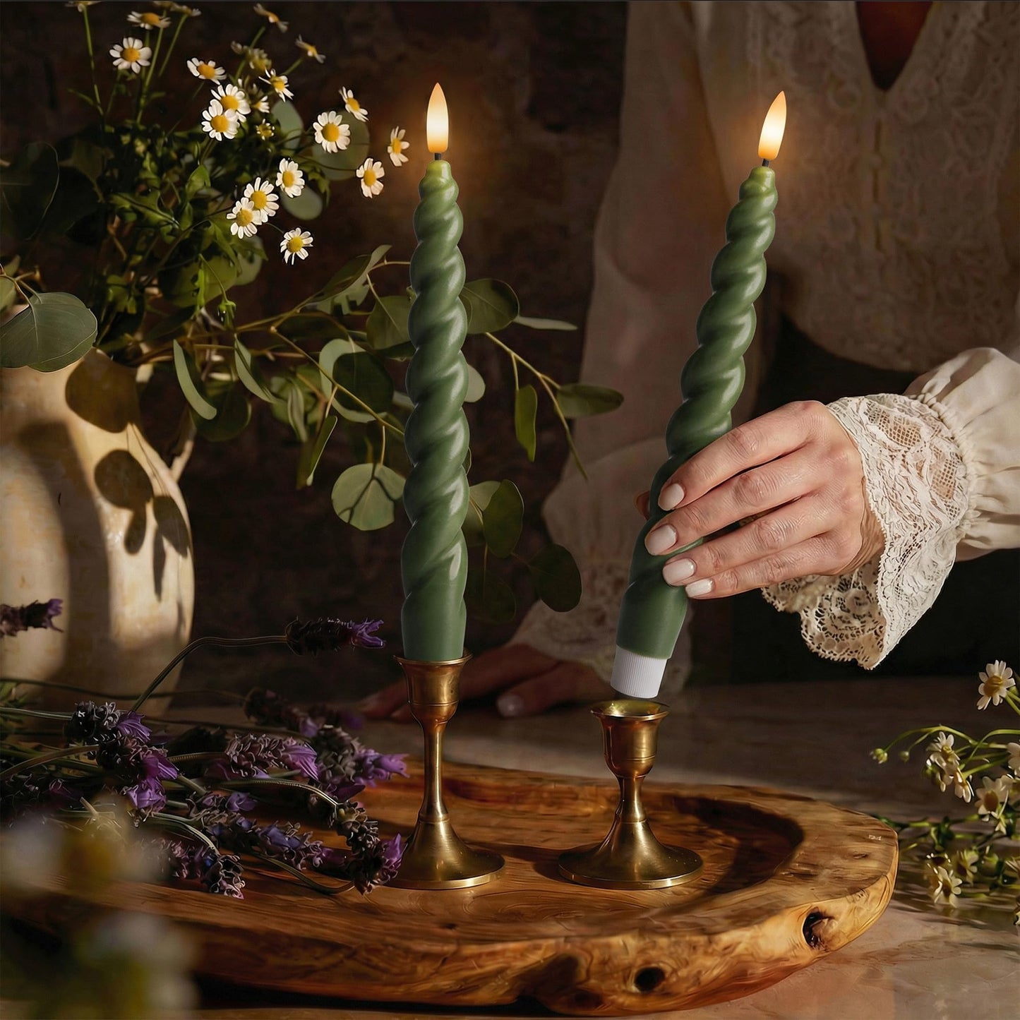 West Ivory Full Twisted Spiral Flameless LED Taper Candles - Loden Green, Set of 2 - 2/4/6/8-Hr Timer (24-Hr Memory), Remote, Dimmable, Bottom On/Off