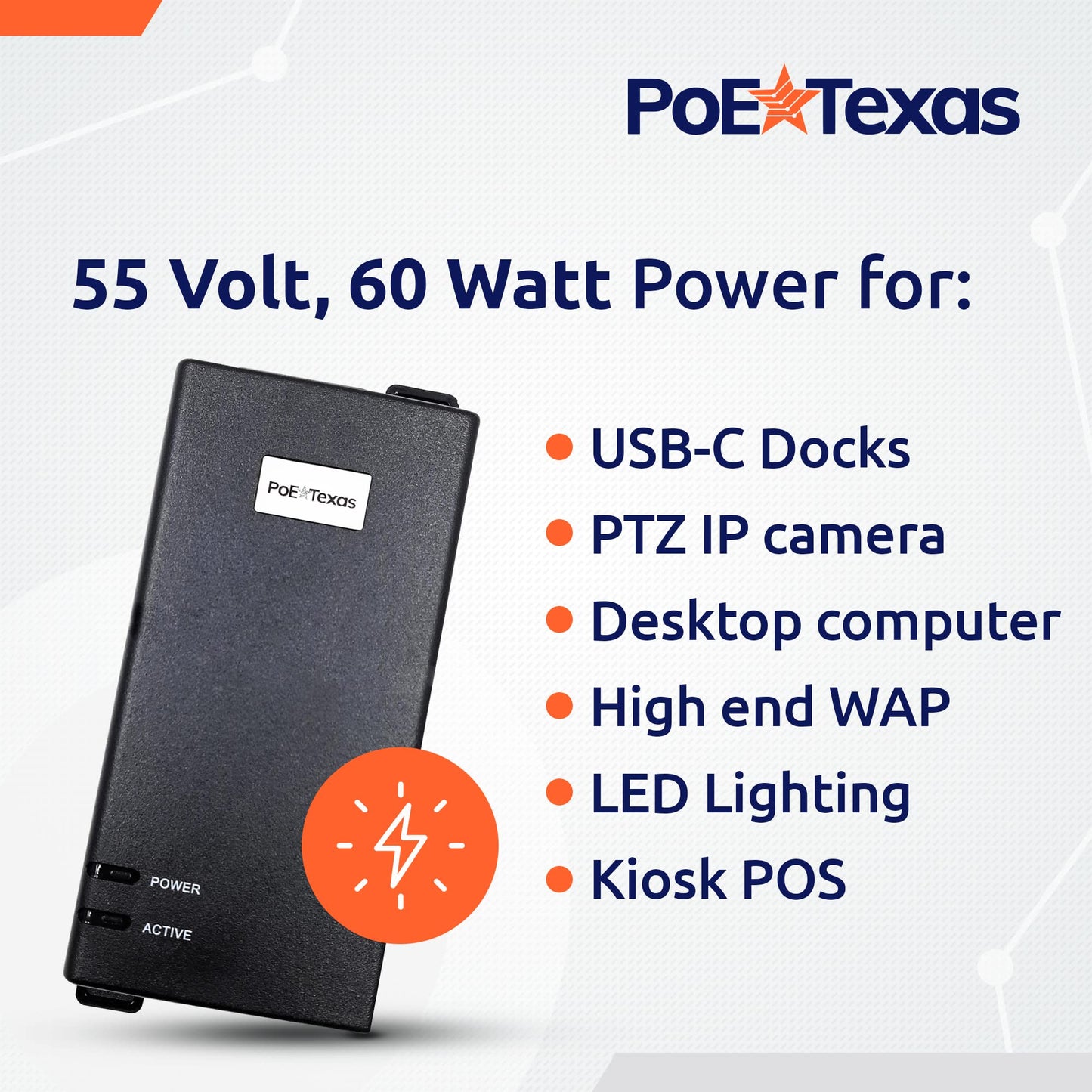 Poe Texas 60 watt PoE Injector - 802.3bt PoE++ Single Port 4-Pair Power Over Ethernet Injector - Active PoE Adapter with 55V 60W Output - 10/100/1000