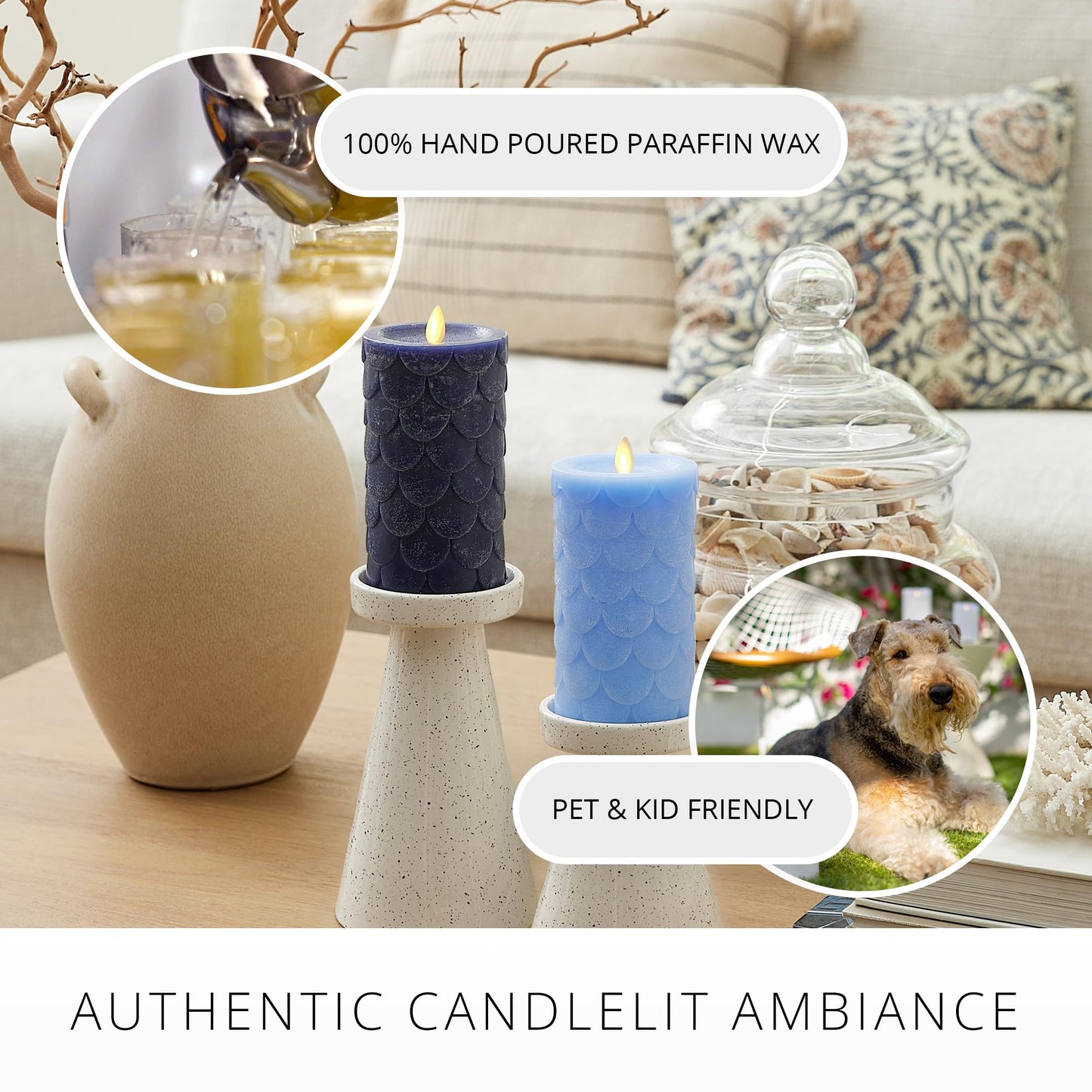 Luminara Embossed Fish Scale Flameless LED Candle, Midnight Blue, 3.25" x 6.5", Moving Flame Pillar, Battery Operated with Timer, Indoor
