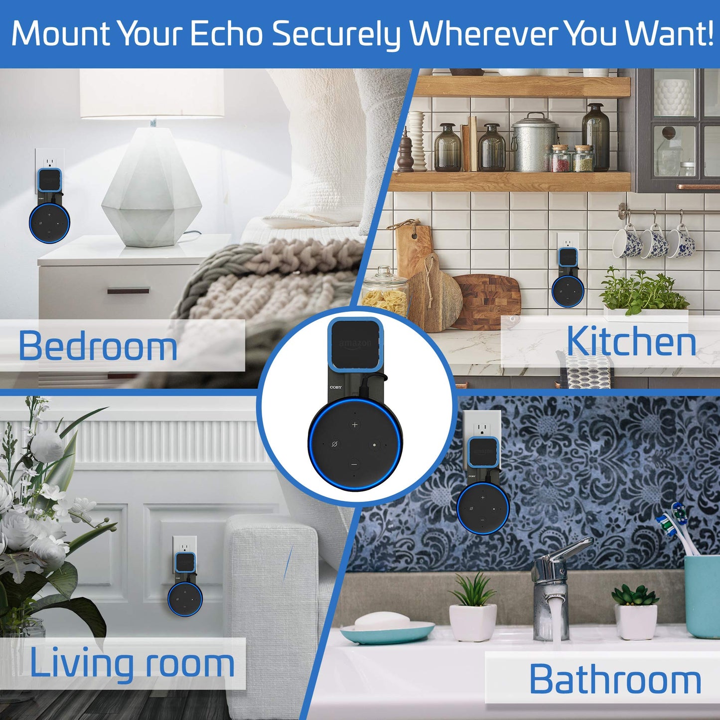 Coby Speaker Wall Mount for Third-Generation Echo Dot Voice Assistant (Smart Speaker Not Included), Cable-Management Wall Mount for AC Power Outlets