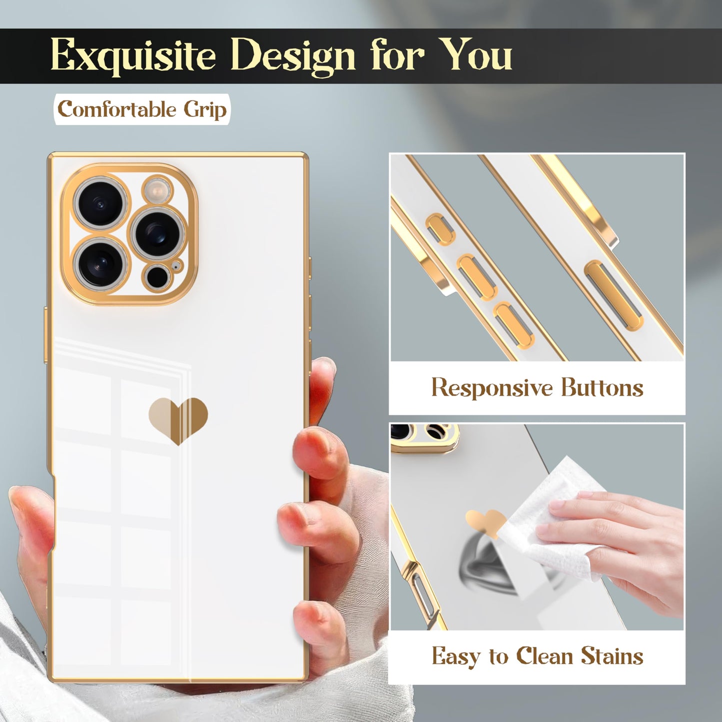 IAIYOXI Case for iPhone 13 Pro - Rectangle Design, Full Camera Protection, Cute Heart Pattern, Electroplated Reinforced Corners, Shockproof Edge