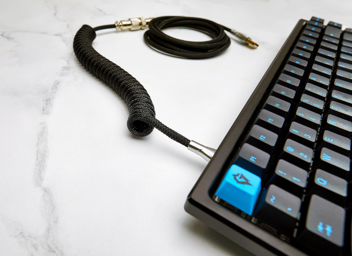 Glacier Premium Durable Quality Braided USB-C to USB-A Coiled Cable with Detachable Metal Aviator Connector Plug for Mechanical Keyboard (Black)