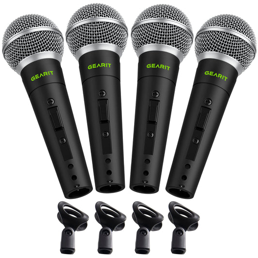 GEARit Dynamic Cardioid Vocal Stage Microphone with On/Off Switch and Mic Clip (Cables Sold Separately) - 4 Pack