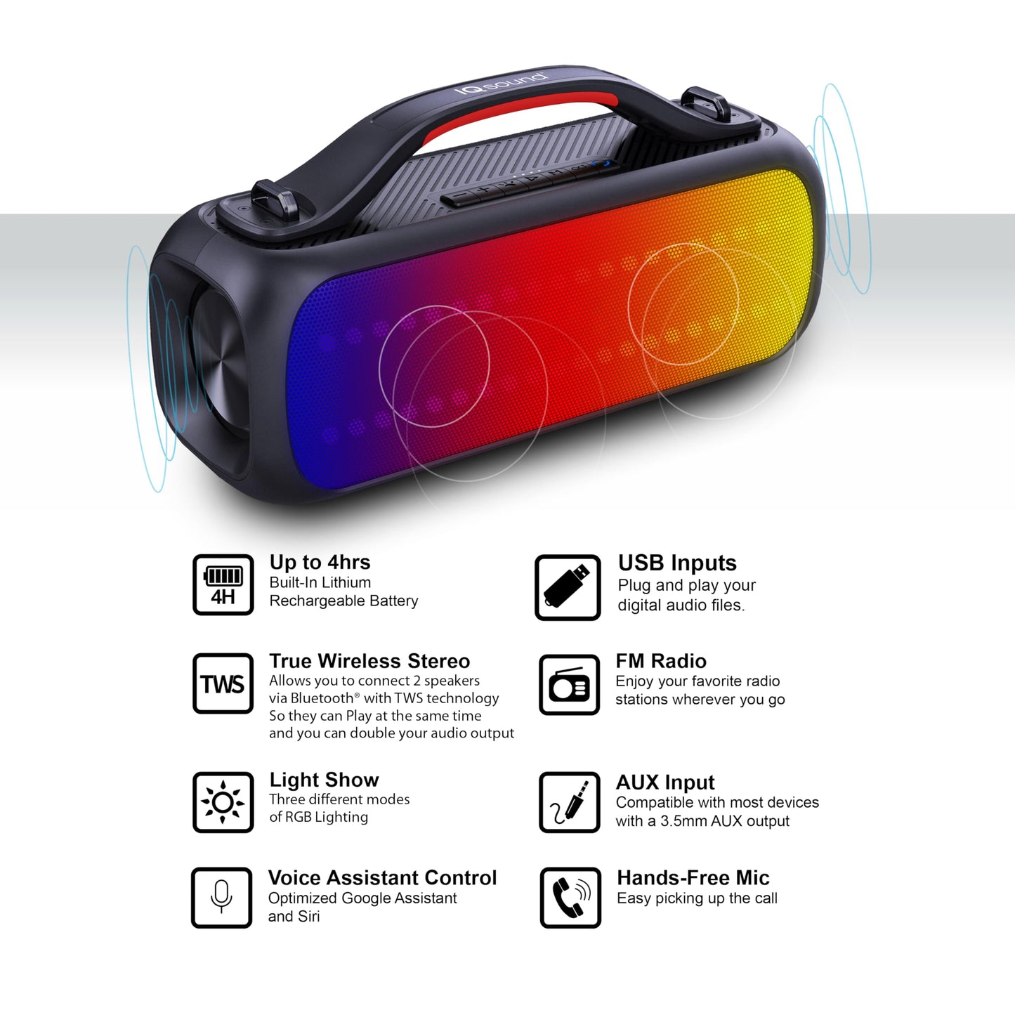 Supersonic IQ Sound IQ-3535RGB 2.0CH Portable Bluetooth Speaker with RGB Panel, IPX5 Water Resistance, TWS, Voice Control, FM Radio, USB Input