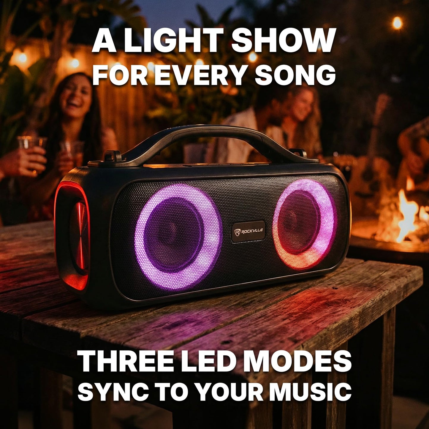 Rockville Go Party D4 30W Portable LED Bluetooth Speaker, Deep Bass, IPX5 Water Resistant, TWS Linking, Long Battery Life, Perfect for Parties