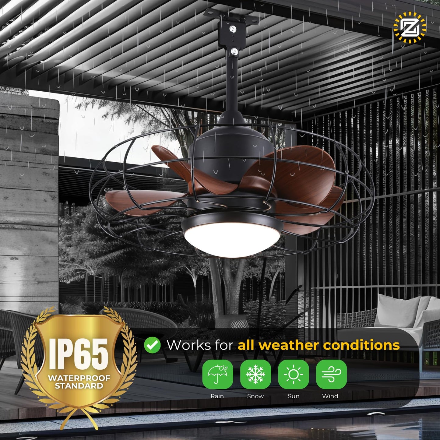 CondoMounts ZeboZap ZZFANC201B 20" Outdoor Ceiling Fan with Lights for Patios, Gazebo and Pergola. Plug in Gazebo Ceiling Fan with Remote Control