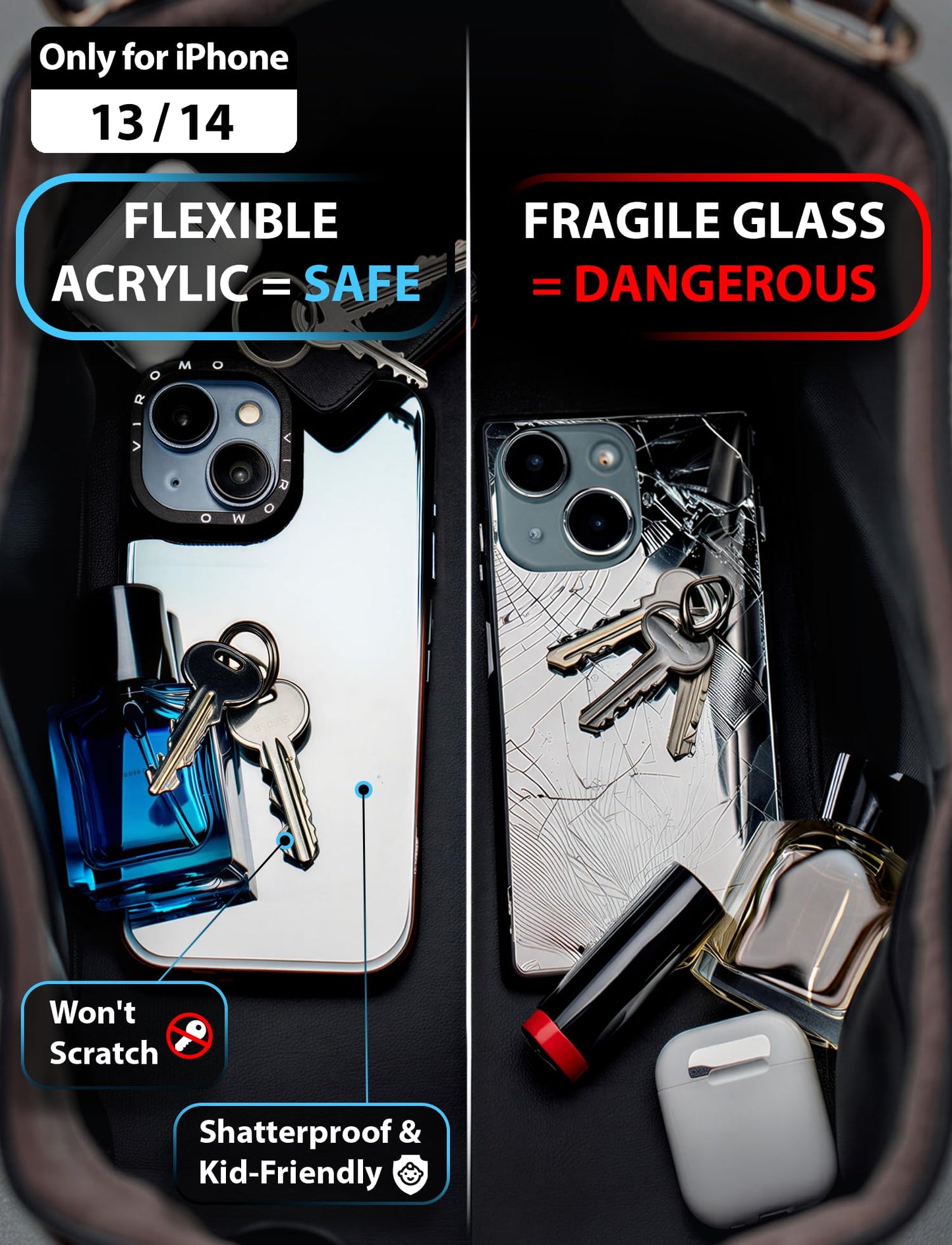 VIROMO Unbreakable Mirror Case for iPhone 14 / iPhone 13 [2 Screen Protectors Included] [Compatible with MagSafe] Flexible Acrylic Shockproof Slim