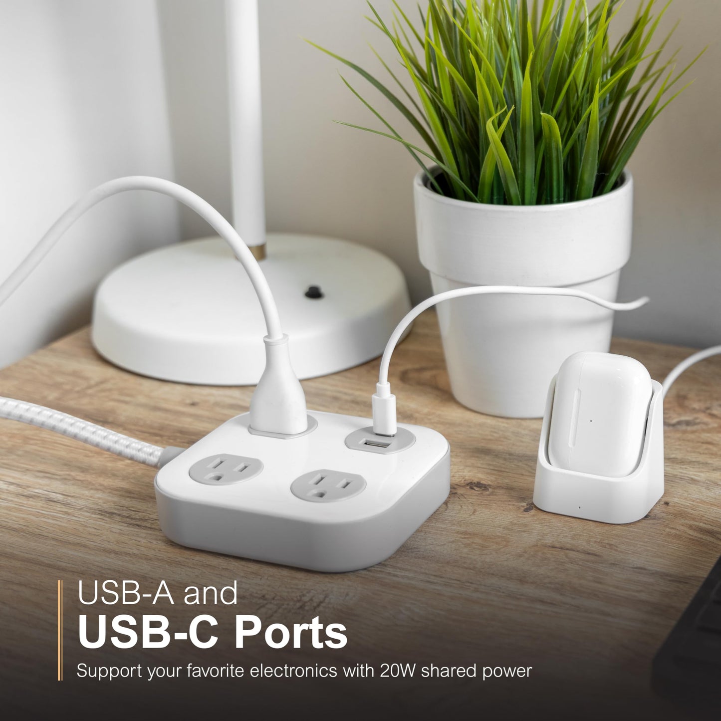 GE UltraPro 3-Outlet Surge Protector with 4ft Braided Cord, Power Strip, Extension Cord, Flat Plug, 1 USB-A & 1 USB-C Port, 245 Joules, for Home
