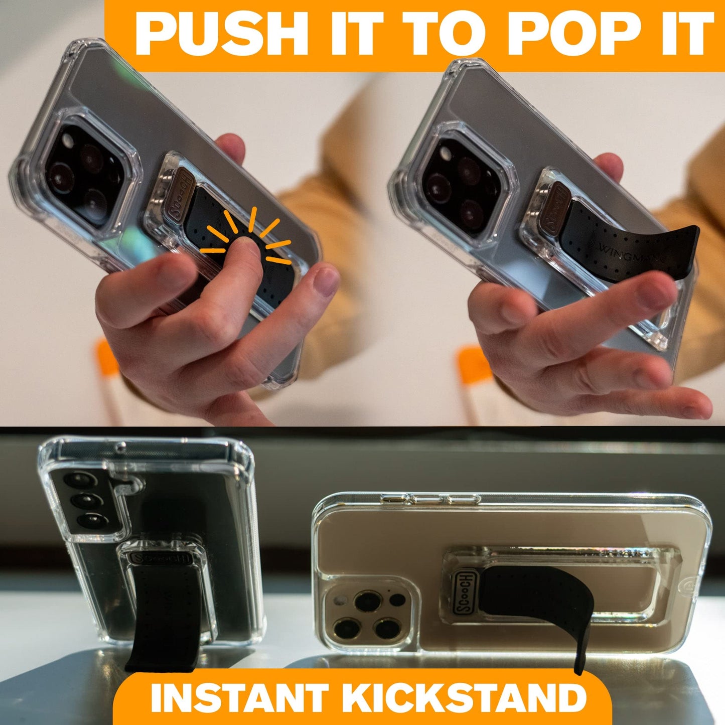 Scooch Wingback | Snap Out Phone Grip, Stand, and Car Mount for Smartphones [Two-Way Stand] Compatible with Any Smartphone and Most Cases, Works