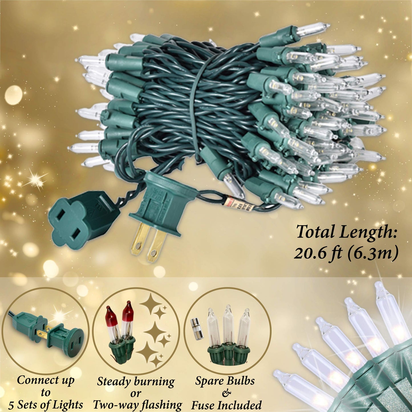 Holiday Essence Clear Christmas Lights Green Wire, 100 Incandescent Mini String Lights Set for Indoor Outdoor Holiday Lighting Decoration, Christmas
