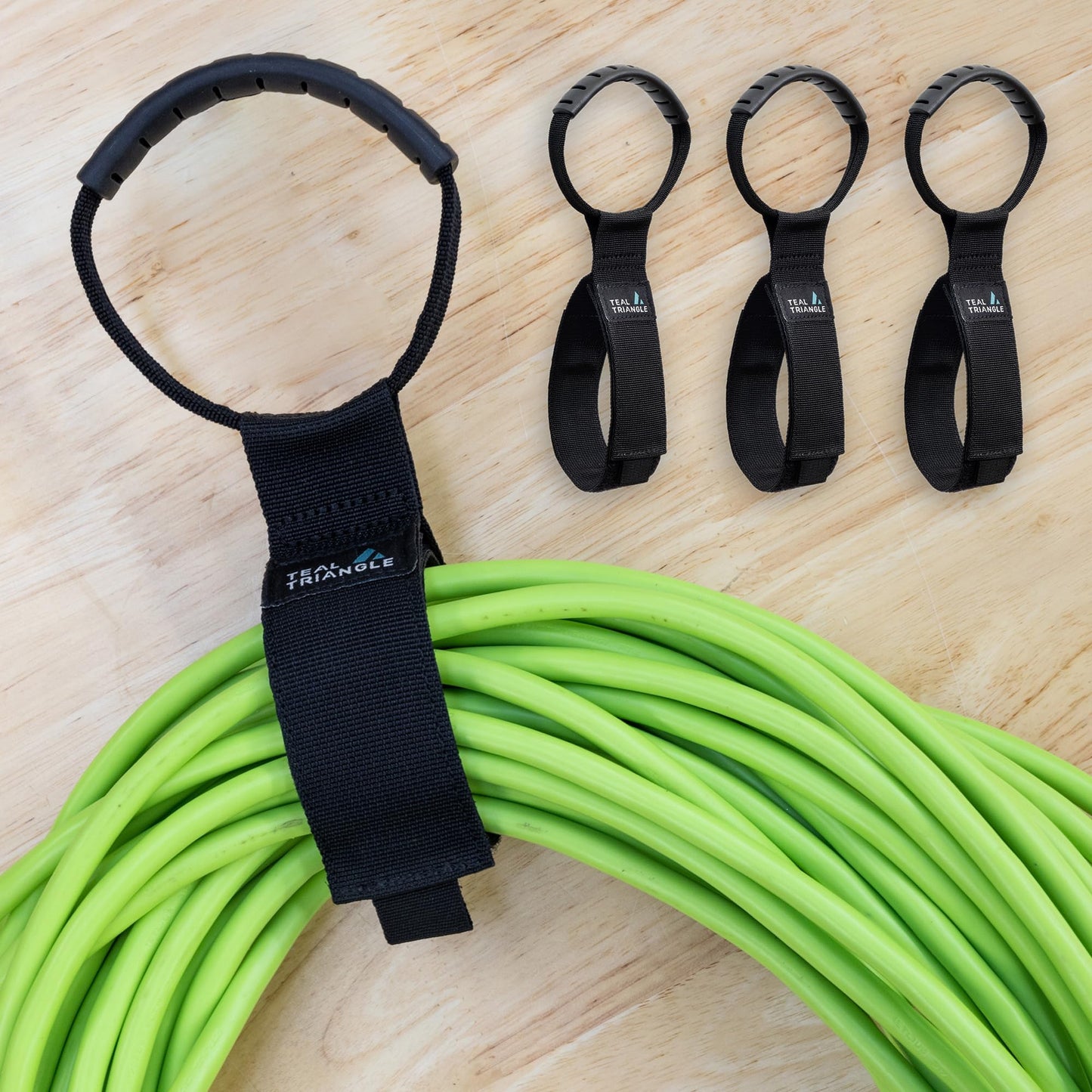 Teal Triangle 3-Pack Cable Straps with Carry Handle, Heavy Duty 15 Inch Gear Ties, Cord Wrap Holds 50 lbs for Garage Storage and Organization, Hook