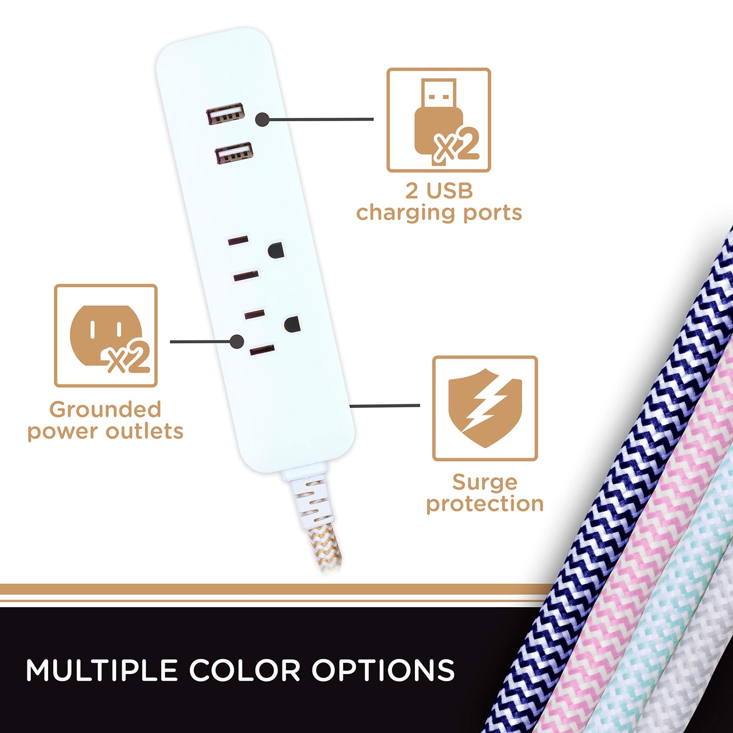 Cordinate Designer 2-Outlet Power Strip with 2 USB Ports, 10 Ft Braided Extension Cord, 2.4A Fast Charge, Surge Protection, Low-Profile Flat Plug, UL