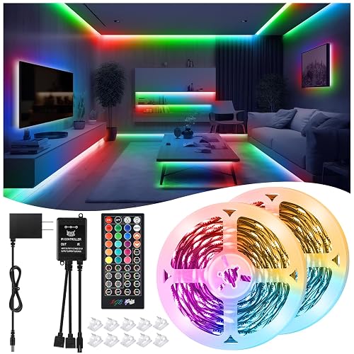 LED Strip Lights 65.6Ft(2 Rolls of 32.8ft), Dimmable 5050 RGB Color Changing Lights Strip with 40 Key IR Remote Controllers, Self-Adhesive Flexible