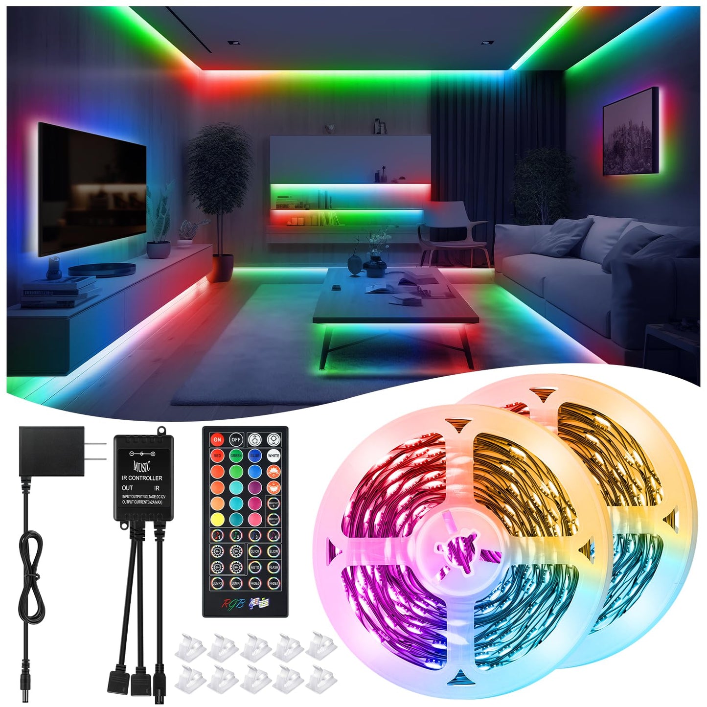 LED Strip Lights 65.6Ft(2 Rolls of 32.8ft), Dimmable 5050 RGB Color Changing Lights Strip with 40 Key IR Remote Controllers, Self-Adhesive Flexible