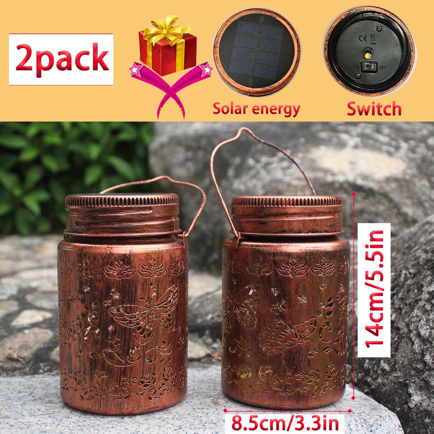 2pack Butterfly Solar Lanterns Outdoor Waterproof Hanging Solar Lights Gifts for Women Men Metal Bird Decorative LED Lanterns for Yard, Patio, Lawn