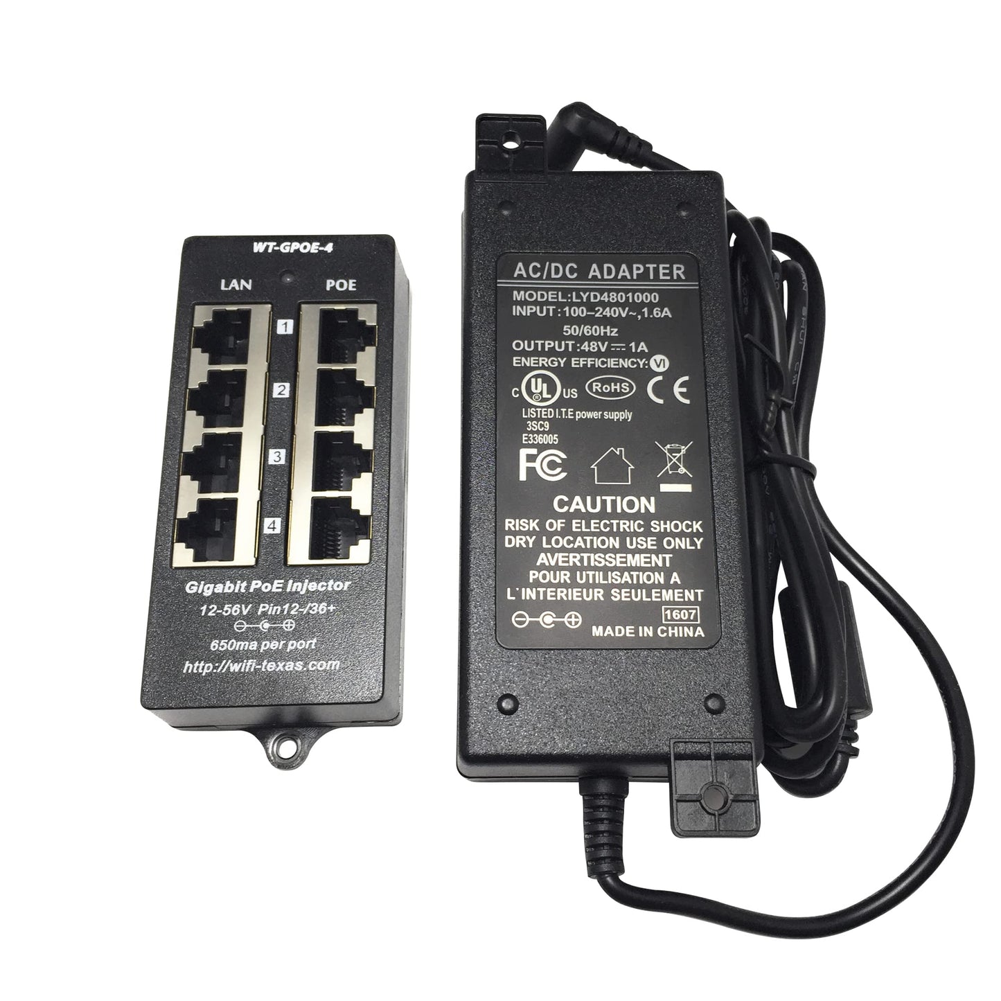 PoE Texas 4 Port PoE Injector - Gigabit Passive Power Over Ethernet with 48V 48W UL Power Supply - 802.3af PoE Injector for VoiP Phones, WiFi Access