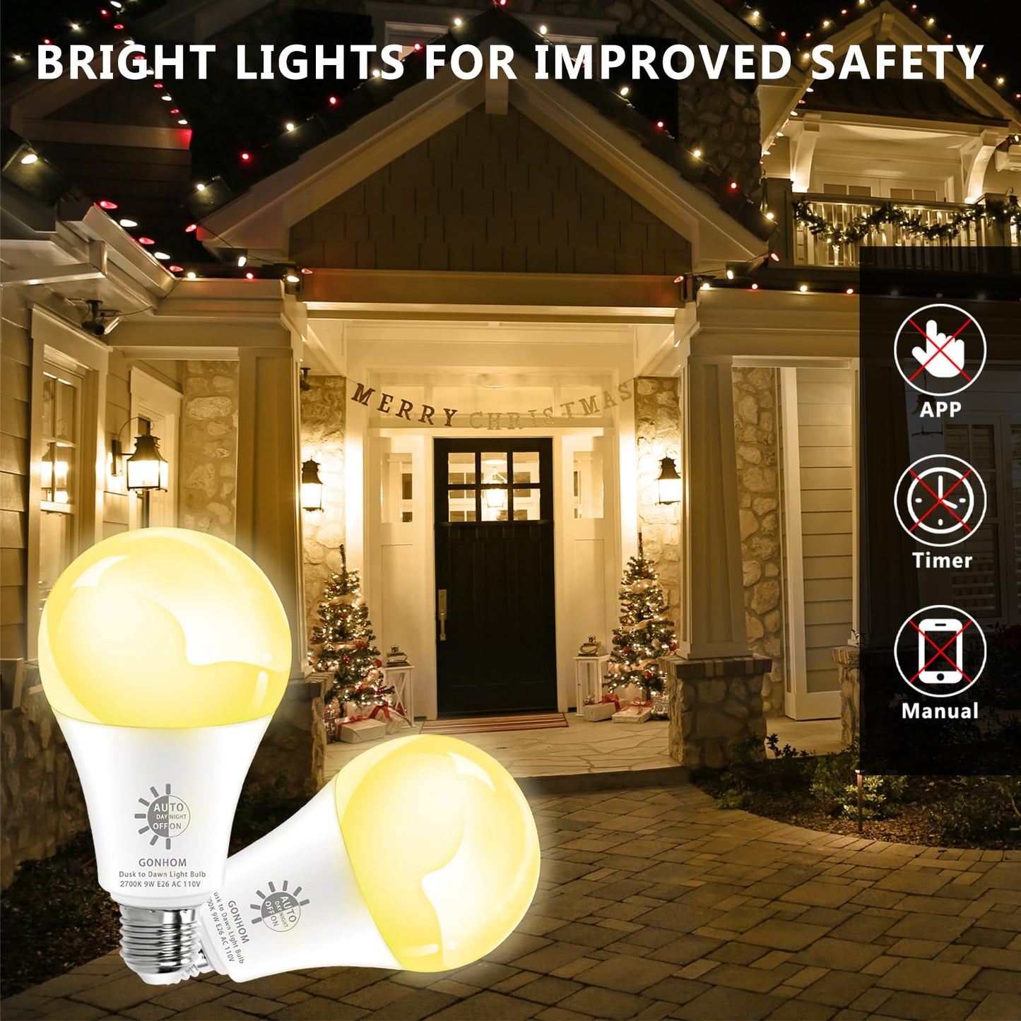 Gonhom 2 Pack Dusk to Dawn Light Bulbs Outdoor, 2700K Warm White, 720LM, 9W(60W Equivalent) A19 E26 Automatic On/Off LED Sensor Light Bulbs, Dusk