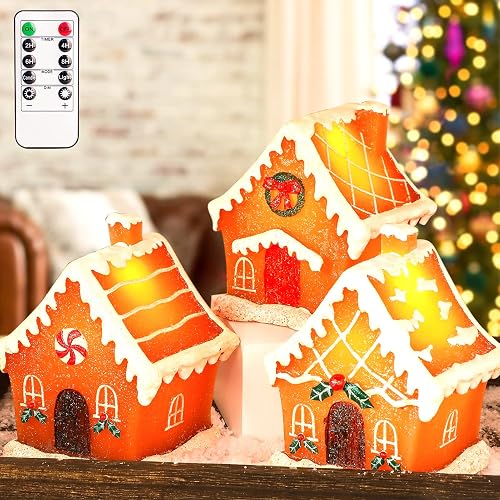 Christmas Gingerbread House Tabletop Decoration Lighted Christmas Village House Real Wax Battery Operated with Remote Flickering LED Light Christmas