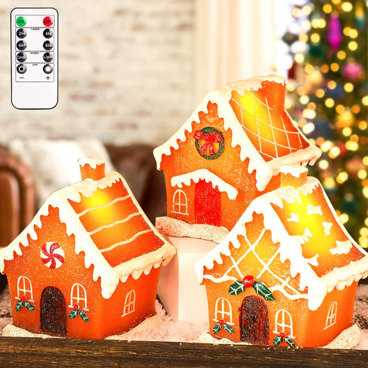 Christmas Gingerbread House Tabletop Decoration Lighted Christmas Village House Real Wax Battery Operated with Remote Flickering LED Light Christmas