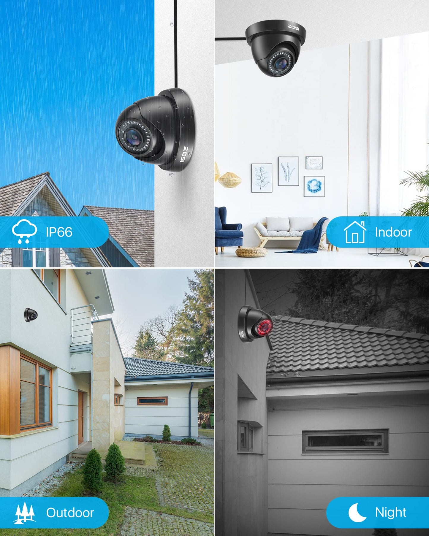 ZOSI 4 Pack 1080P HD-TVI Dome Security Cameras, 2MP Indoor Outdoor CCTV Camera with Night Vision, IP66 Weatherproof, Compatible with 4K/5MP/1080P TVI