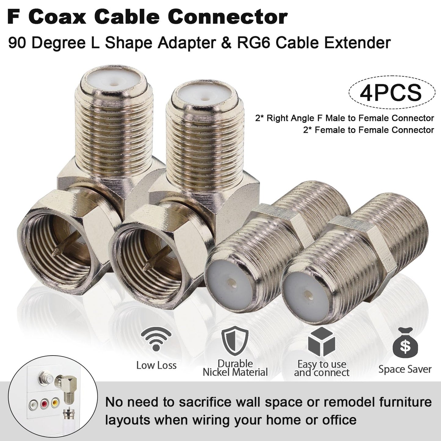 Coax 90 Degree Adapter F Type Male to Female Coaxial 90 Degree Connector Flat Wall L Shape 2pcs + 2pcs Coaxial Cable Connector RG6 F Type Female