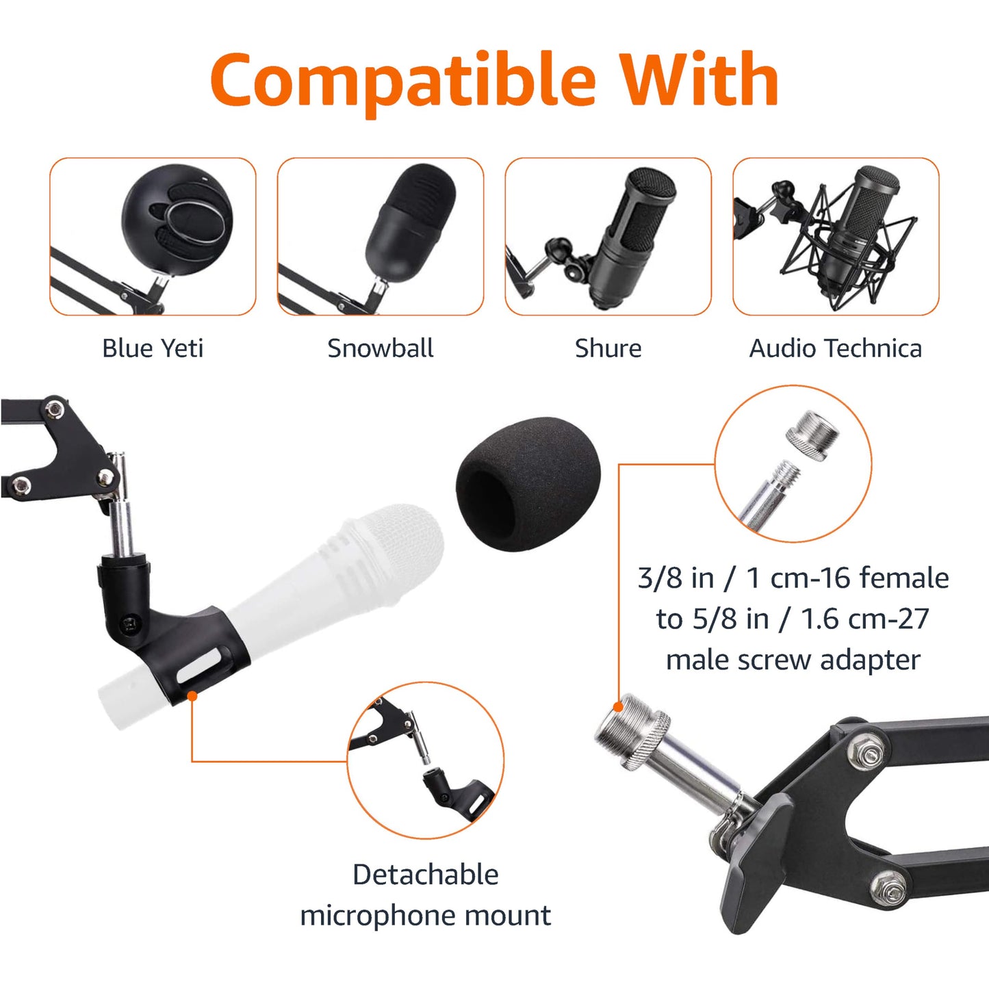 Amazon Basics Adjustable Microphone Stand, Pop Filter, Windscreen, for Blue Yeti, Snowball, Shure, Audio-Technica, other Mics, 19 inch