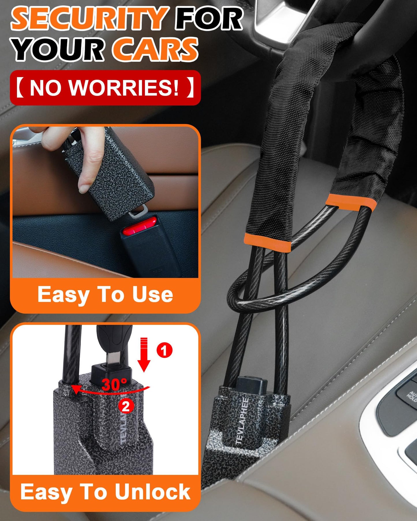 Tevlaphee Steering Wheel Lock Seat Belt Lock Universal Anti Theft Car Device Car Lock Car Theft Prevention with 3 Keys for Car Security Fit Most