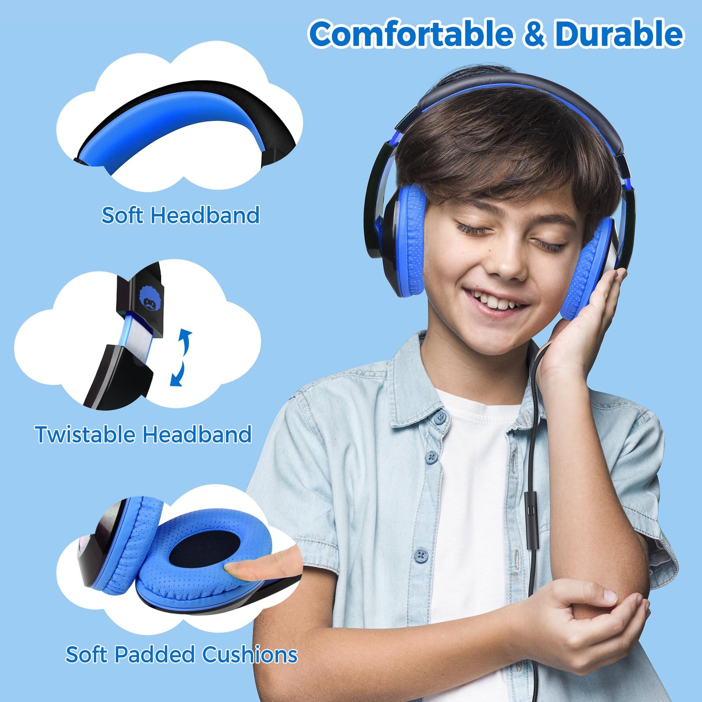 rockpapa Comfort+ Kids Headphones with Microphone, Boys Girls Student Over-Ear Headphones Wired for School Classroom Laptop PC Computer Tablet Black…