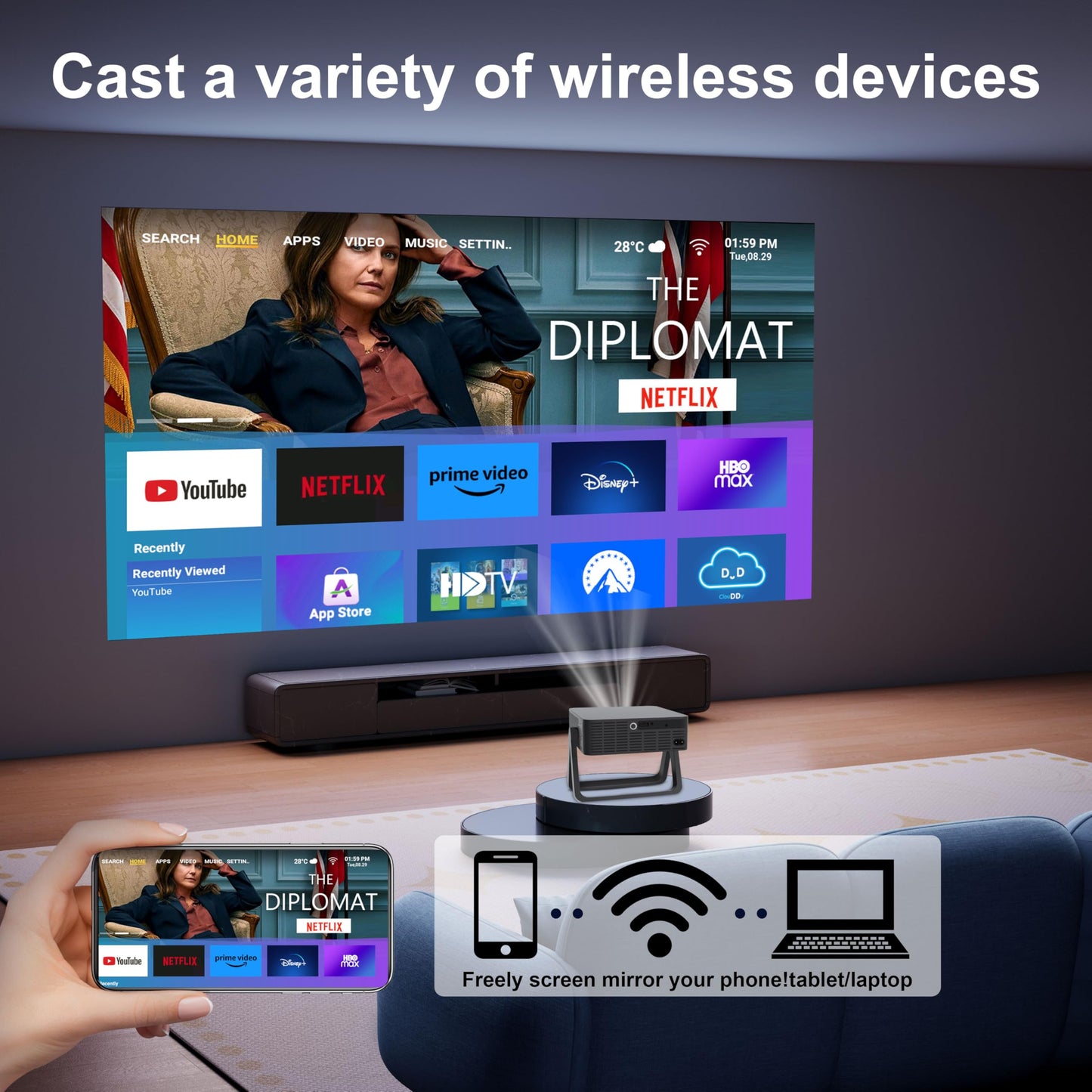 ZEEDWEALD Portable Projector Native 1080P 4K Support, 5G WiFi Bluetooth Movie Projector, Auto Focus 360° Adjustable Stand, Dustproof Home Theater Mini