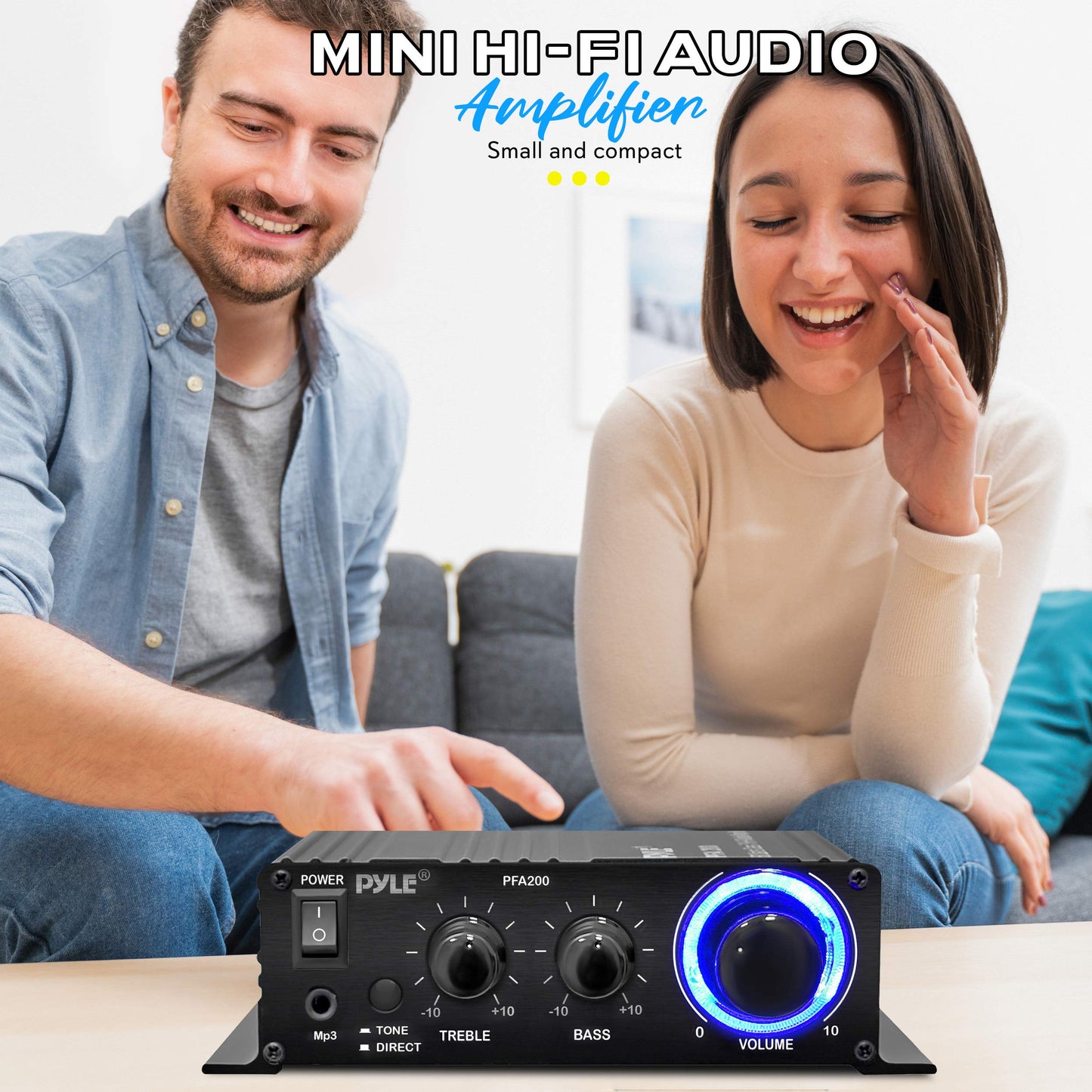 Pyle Home Mini Audio Amplifier - 60W Portable Dual Channel Surround Sound HiFi Stereo Receiver w/ 12V AC Adapter, AUX, MIC IN, Supports Smart Phone