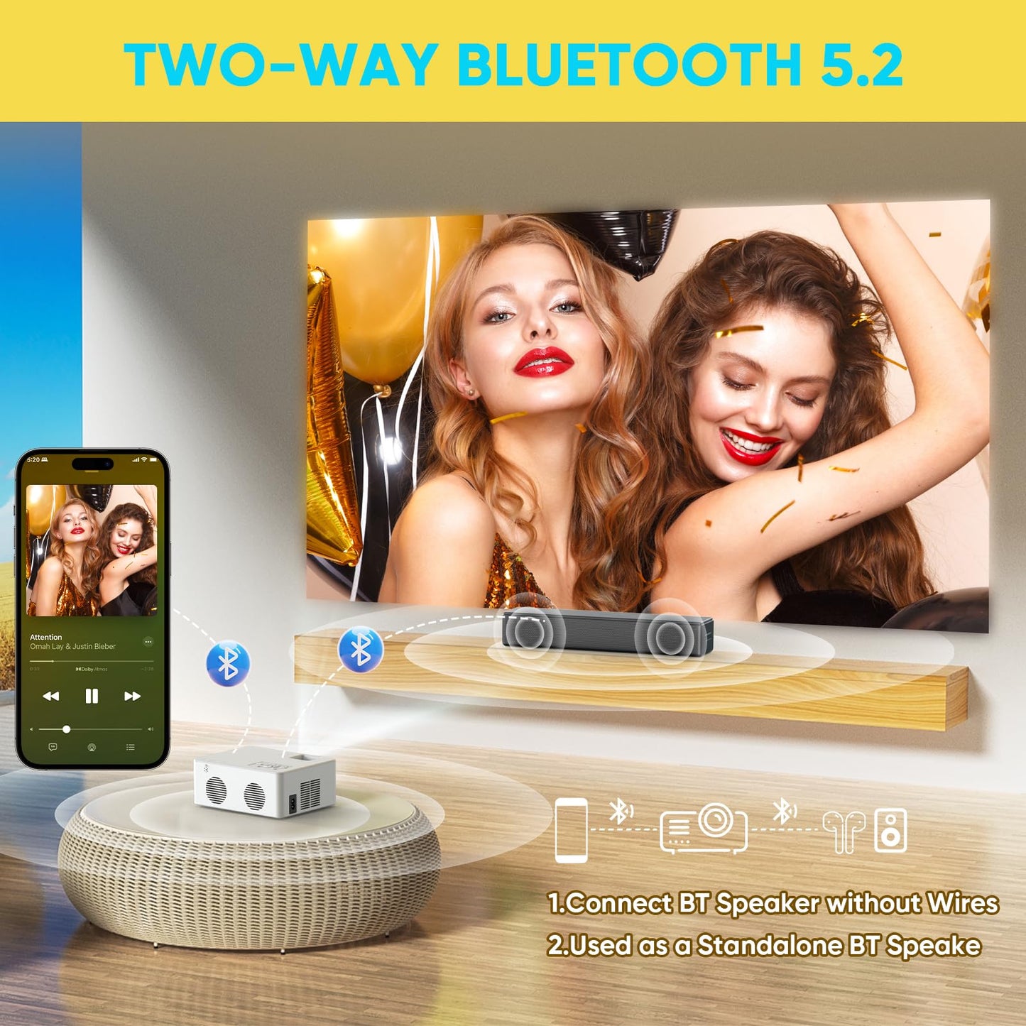 PURSHE Mini Bluetooth Projector, Full HD 1080P Supported Portable Outdoor Movie Projector for iOS, Android, Windows, Compatible with TV