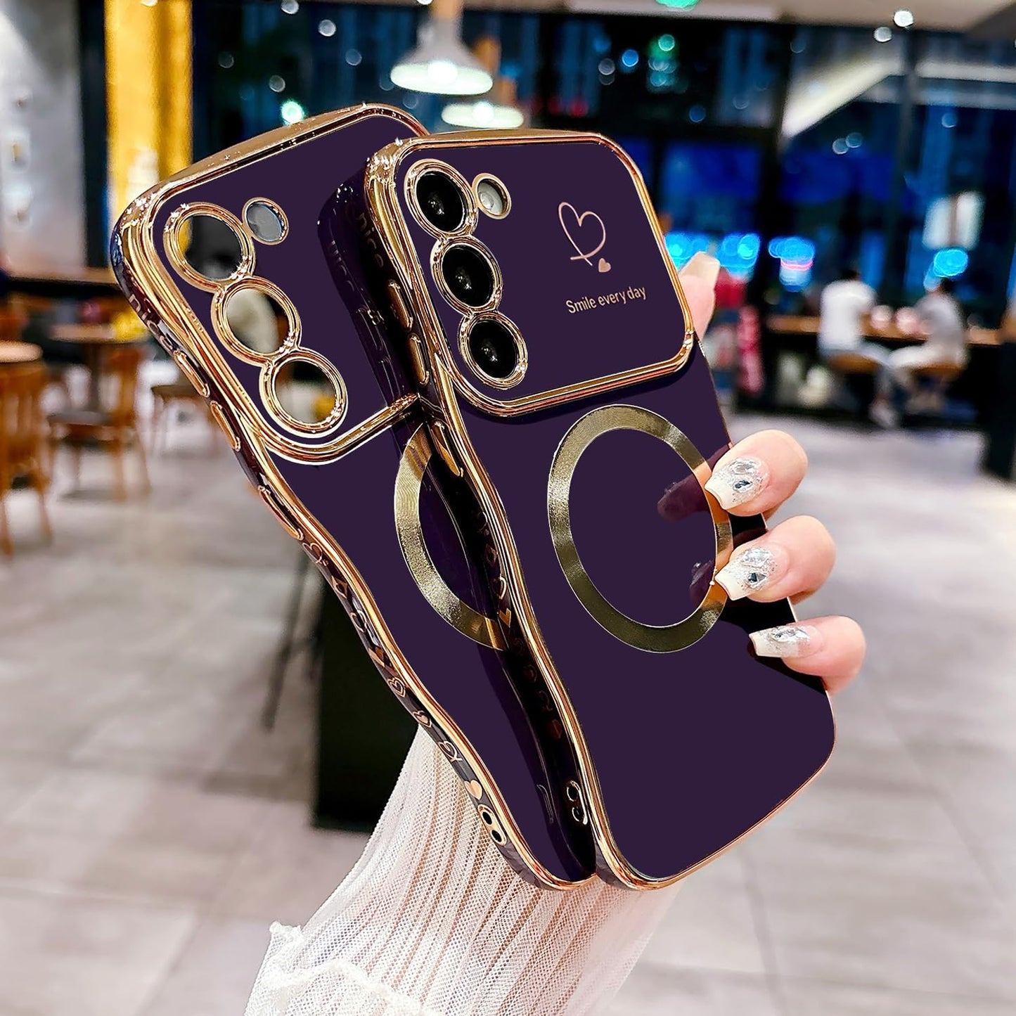 ZONRW for Samsung Galaxy S23 Plus Case Magnetic,for Women Girls Soft Cute Wave Frame Curly Shape Love Heart Luxury Plating Phone Case Compatible