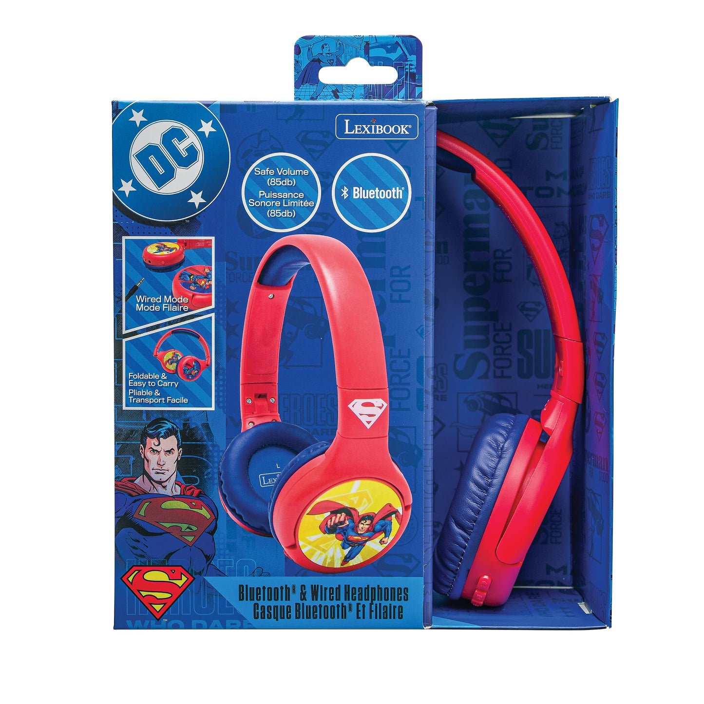LEXiBOOK - Superman - Kids’ 2-in-1 Bluetooth and Wired Headphones - Stereo, Wireless, Wired, Limited Volume, Foldable, Adjustable, for Boys/Girls…