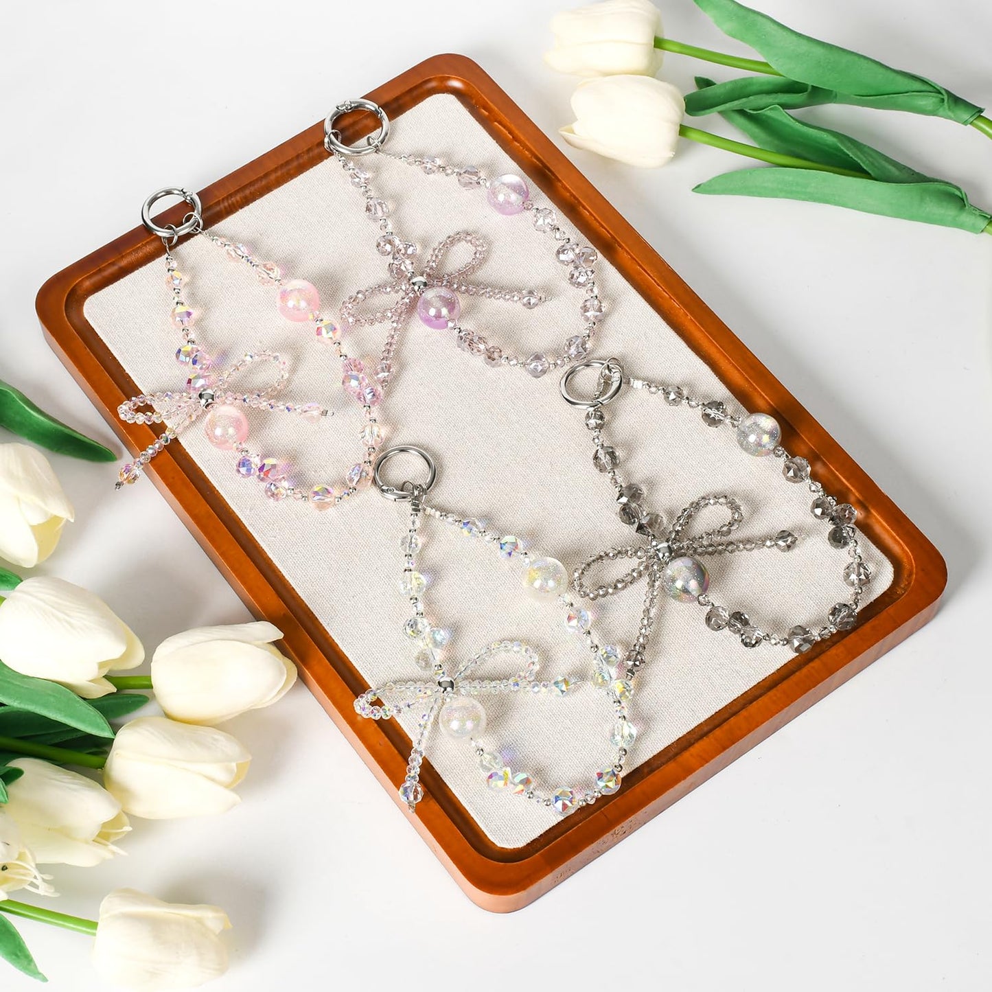 NUANJUYU Handmade Sparkling Crystal Bead Phone Wrist Strap,Beaded Bow - Anti-Drop Strap & 2 Tabs - Women Gift ?Crystal Pink?