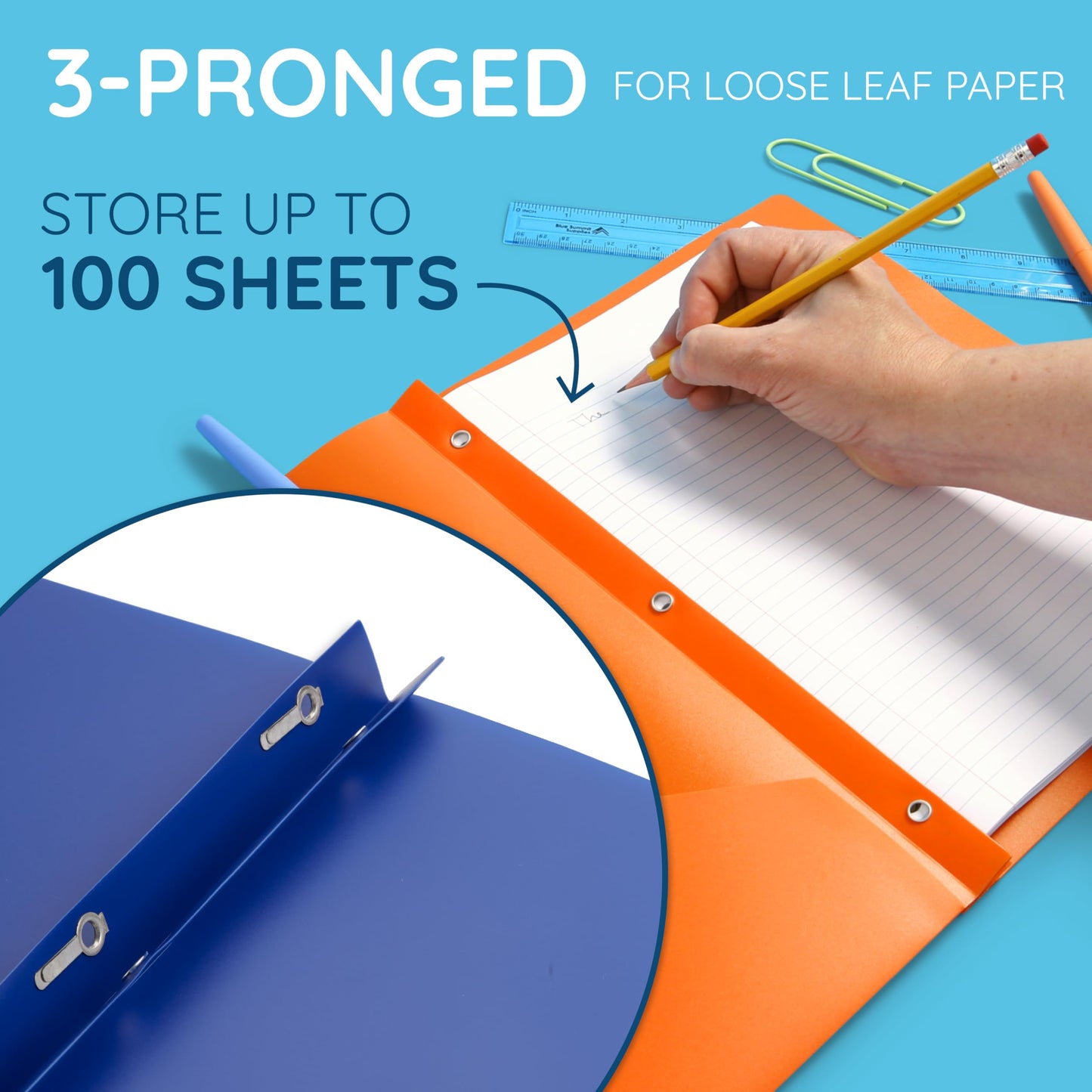 Blue Summit Supplies 6 Plastic 2 Pocket Folders with Prongs, Assorted
