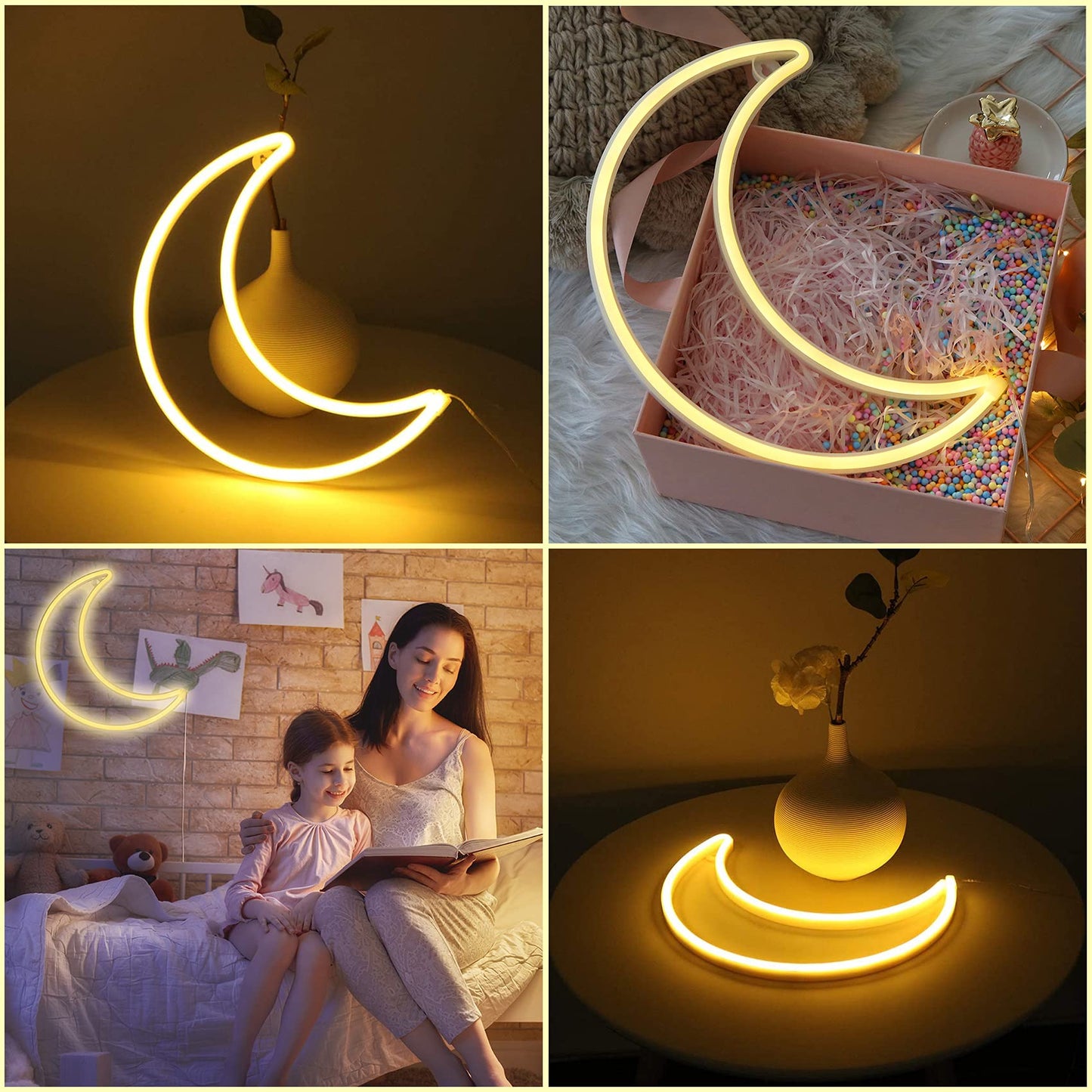 LED Warm White Moon Neon Light, Cute Neon Moon Sign,Christmas Room Decor Battery or USB Powered 5V Art LED Decorative Lights Night Lights Indoor