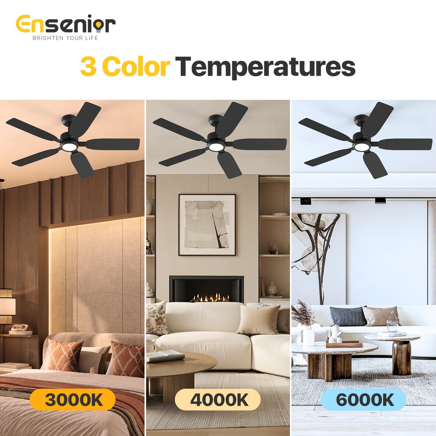 Ensenior 52 Inch Downrod Mount Ceiling Fans with Lights and Remote, 5-Blade
