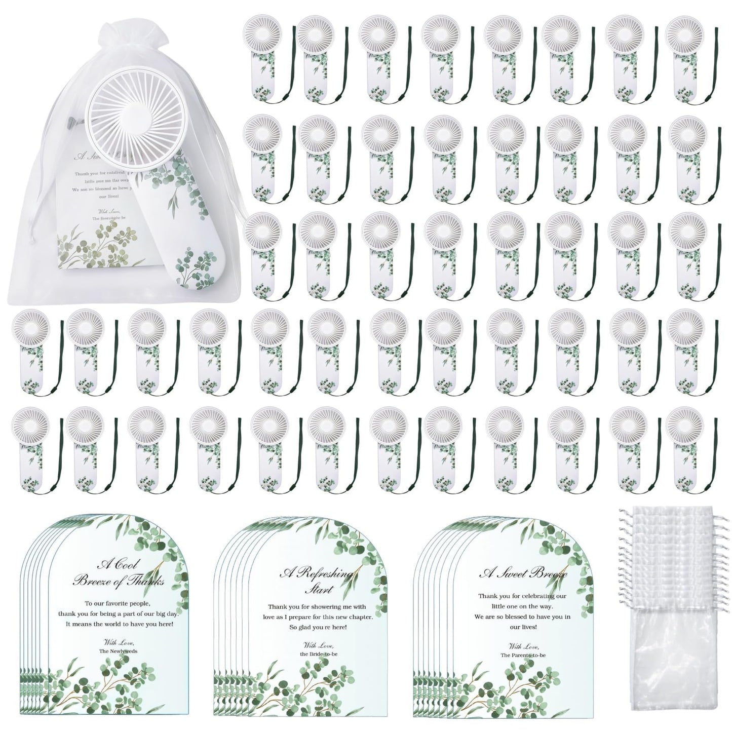 EPWQLC 48 Pack Wedding Mini Fans Bulk, Mini Portable Fan Bulk with Organza Bags and Thank You Cards, Handheld Battery Operated Fan for Wedding Bridal