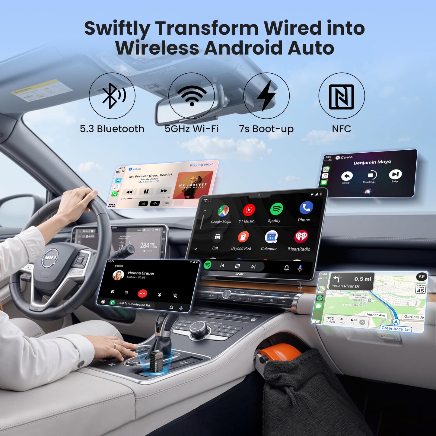 ByteWave Android Auto Wireless Adapter, 8s Fast Mini Wireless Android Auto Adapter with NFC Instant Connect, 5.8GHz WiFi Bluetooth 5.3 Stable Plug