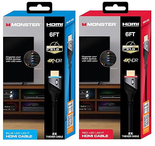 Monster 6ft High Speed 4K HDR Hdmi Cables with Built-in Led Light, Blue and Red Lighted Cables