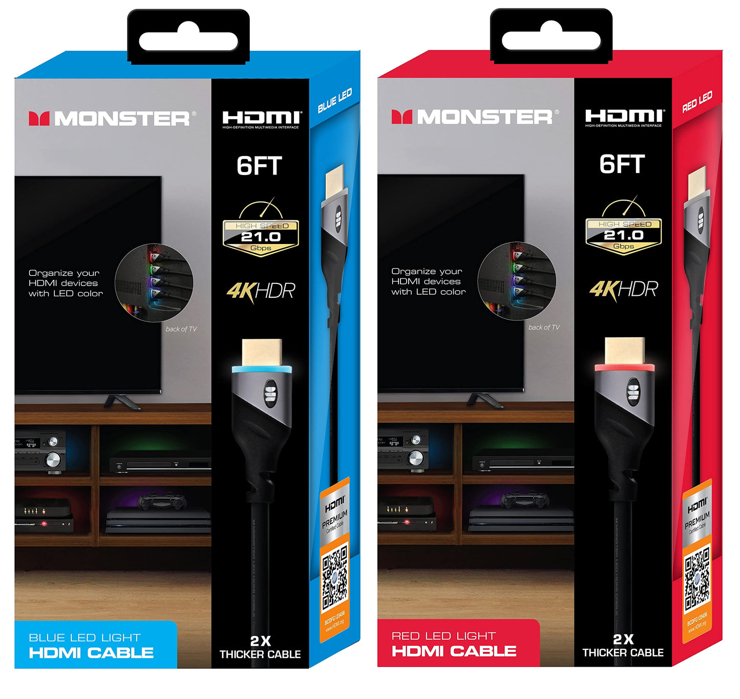 Monster 6ft High Speed 4K HDR Hdmi Cables with Built-in Led Light, Blue and Red Lighted Cables