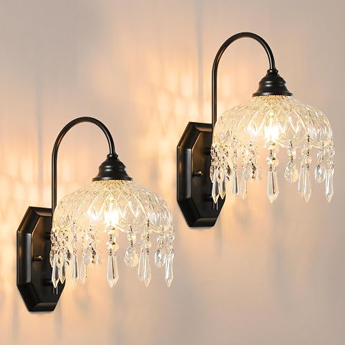 LOSNEOLAZ 2-Pack Vintage Glass Crystal Wall Sconce, Matte Antique Black Finish, for Bedroom Bathroom Hallway Living Room