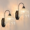 LOSNEOLAZ 2-Pack Vintage Glass Crystal Wall Sconce, Matte Antique Black Finish, for Bedroom Bathroom Hallway Living Room
