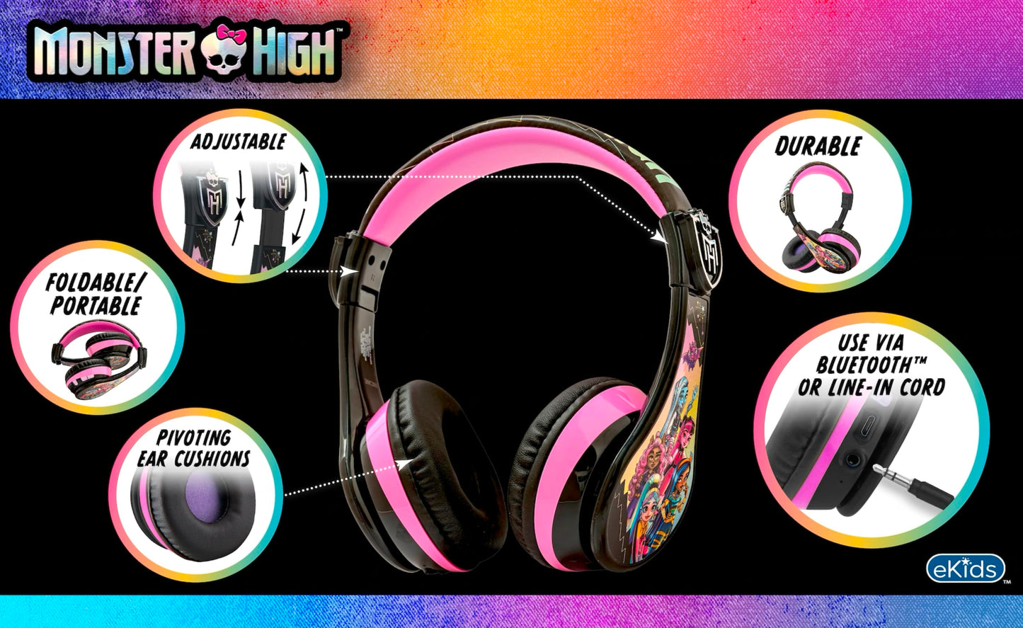 eKids Monster High Wireless Headphones with Microphone, Includes Aux Cord, Volume Reduced, Foldable for School, Home, or Travel