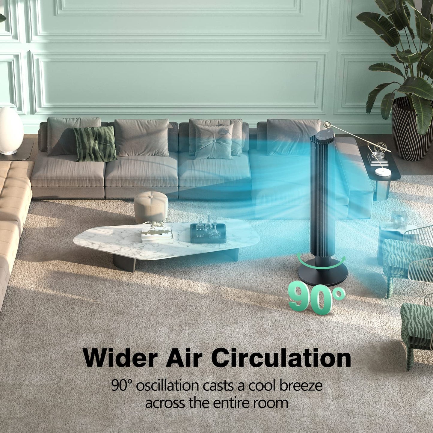 Mirdred Tower Fan, 42” 90° Oscillating Tower Fan with 5 Fan Speeds, Sleep Mode, Remote, 12H On/Off Timer, Portable Stand Up Floor Bladeless Fan
