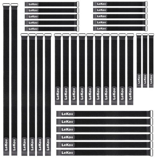 Lekou 35 Pack Cable Straps,8"-12"-18"-24"-30" Reusable Cable Ties, Hook and Loop with Metal Buckle, Fastening Securing for Cord Organizer Wire