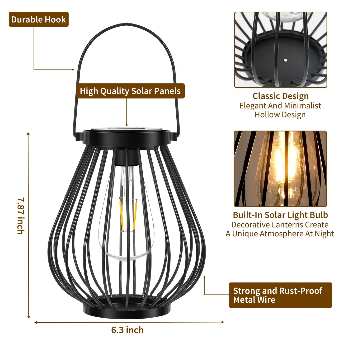 HPC Decor Outdoor Solar Lantern, 2PK Hanging Solar Powered Metal Light with Handle, Waterproof Wireless Warm Retro Bulb Design Lamp for Yard Garden