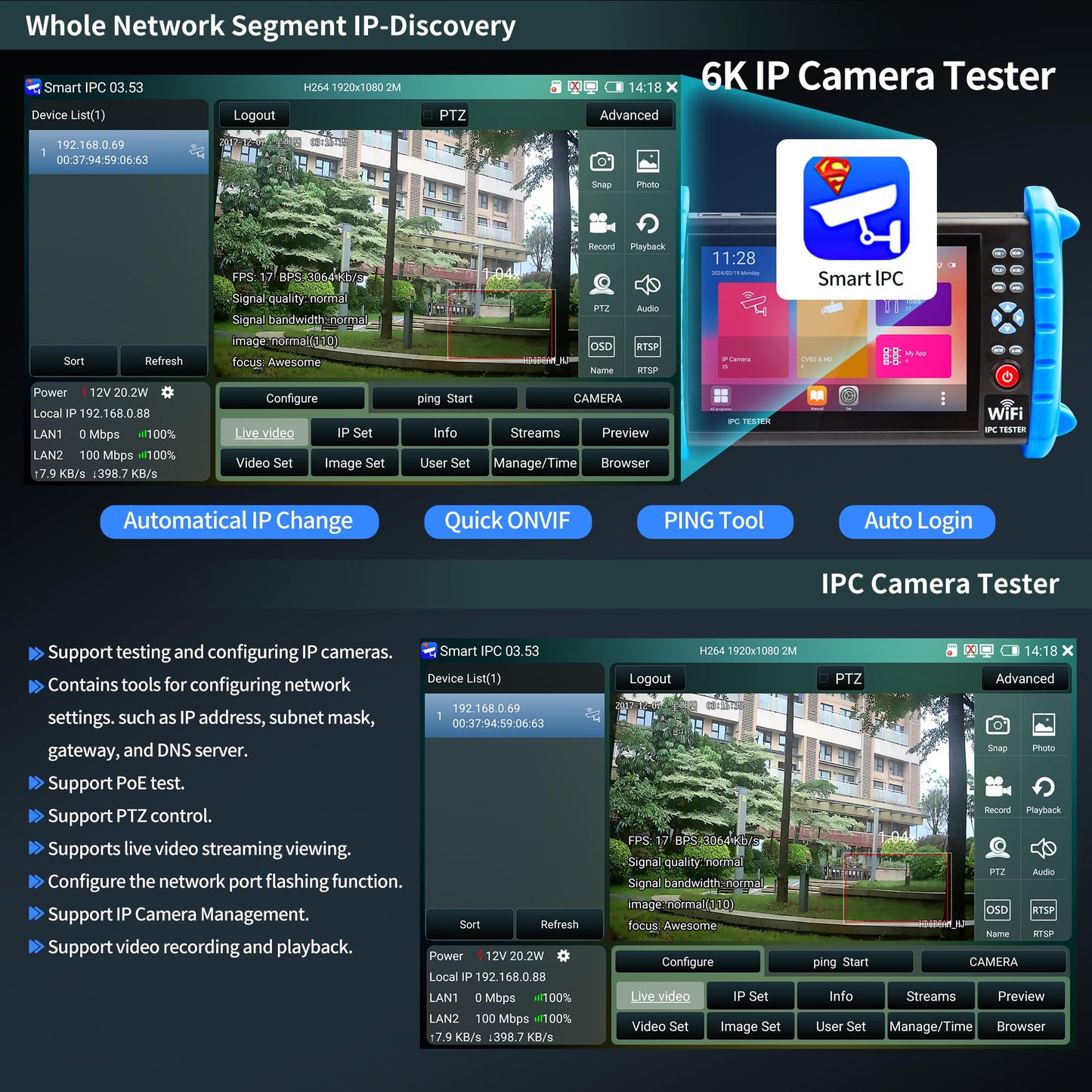 RAINLEOTI CCTV Camera Tester 7" IPS Touch Screen 6K 12mp IP Camera Tester CVBS Analog Camera Built-in WiFi with IP Discovery/POE/RJ45 Cable TDR